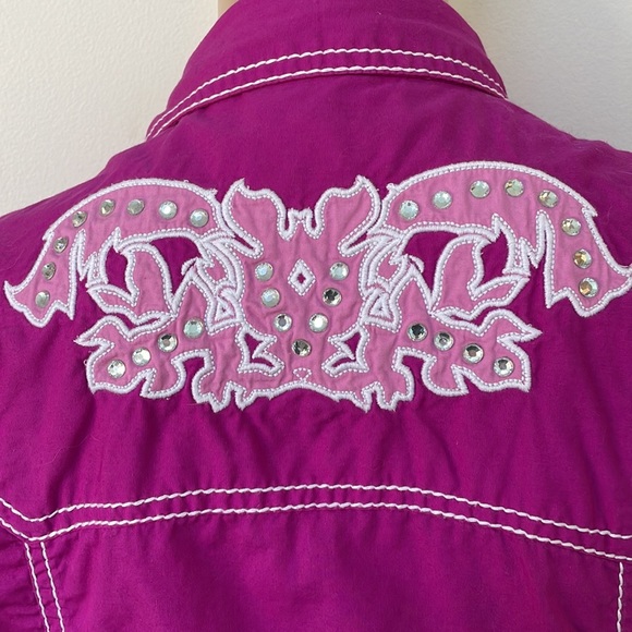 Ariat Western Shirt Fuchsia Pink 100% Cotton Embroidered Studded Snaps - Picture 9 of 12